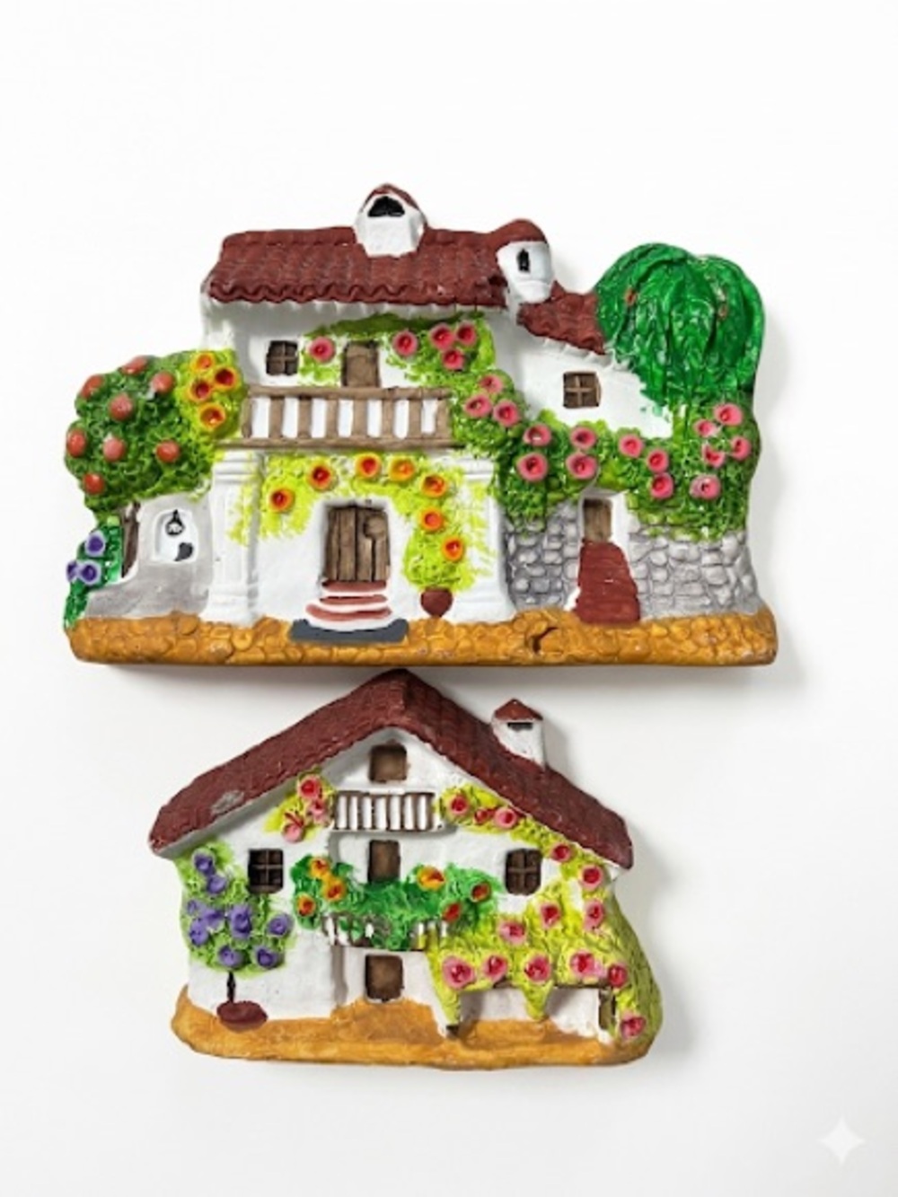 2 Hand-Painted Cottage Fridge Magnets in White, Red, Green